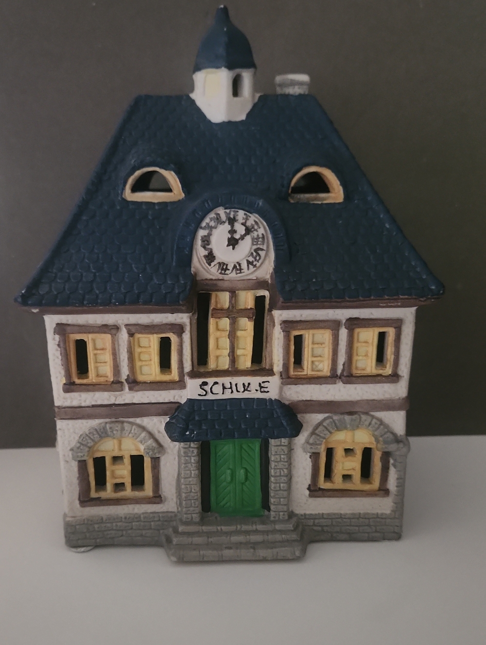 G Wurm Schule Christmas Decorative Lighted House with Blue Roof and Green Door